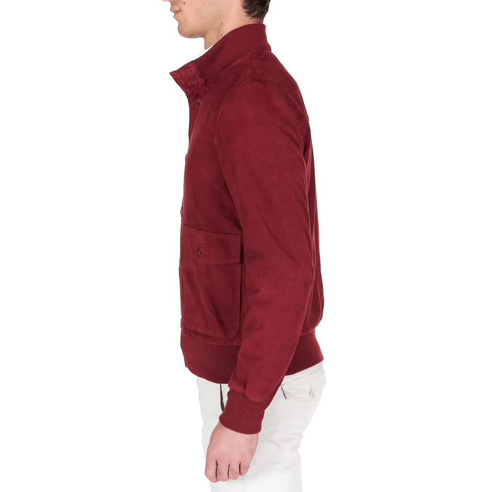 Men's High Neck Red Suede Leather Bomber Jacket