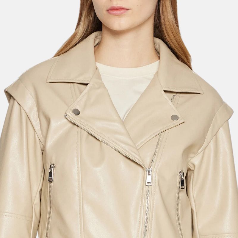 Women's Moto Style Beige Leather Jacket
