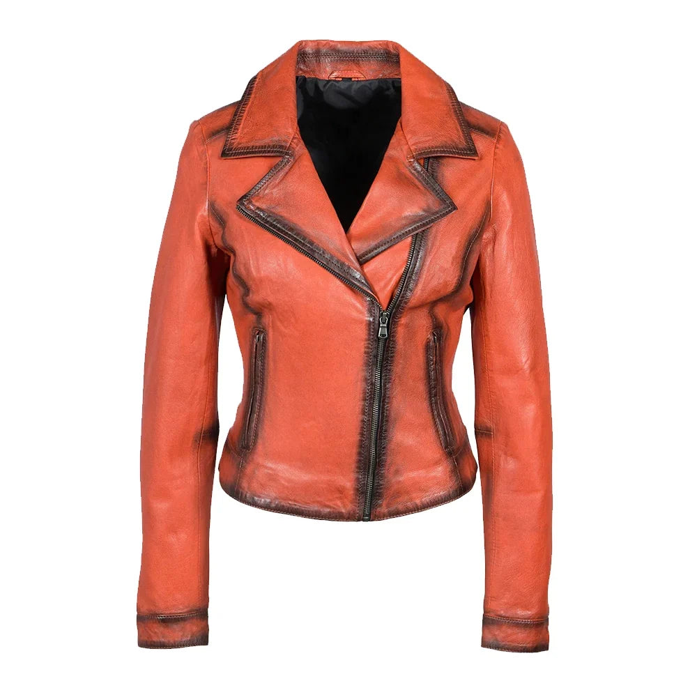 Millie Women's Biker Orange Leather Jacket