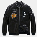 Mens Patched Black Bomber Leather Jacket