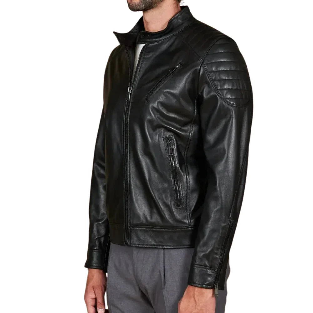 Men's Quilted Black Cafe Racer Leather Jacket