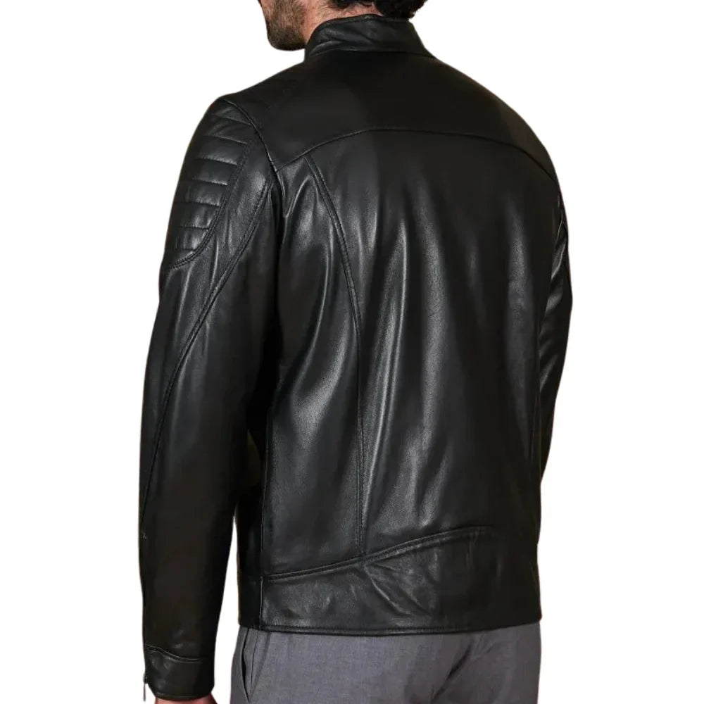 Men's Quilted Black Cafe Racer Leather Jacket