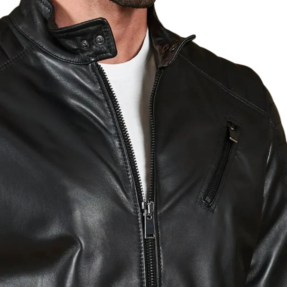 Men's Quilted Black Cafe Racer Leather Jacket