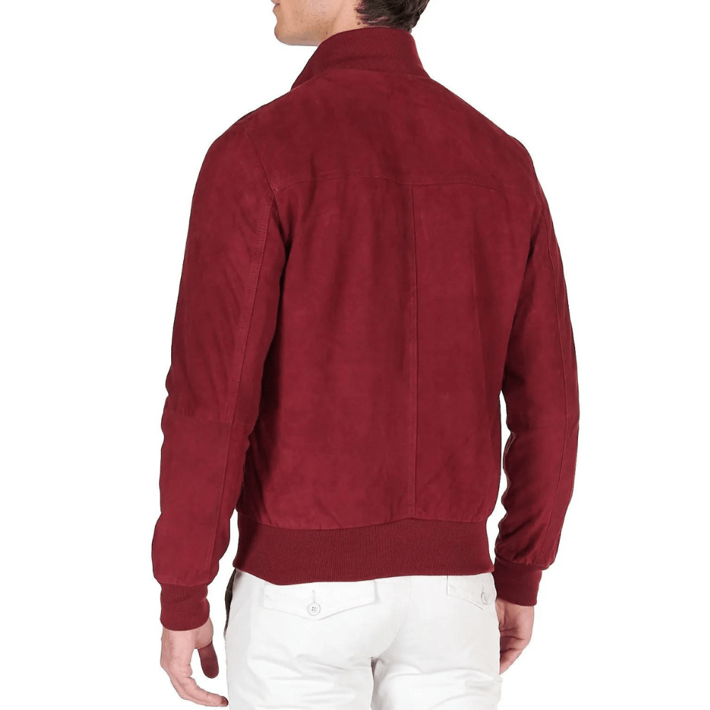 Men's High Neck Red Suede Leather Bomber Jacket
