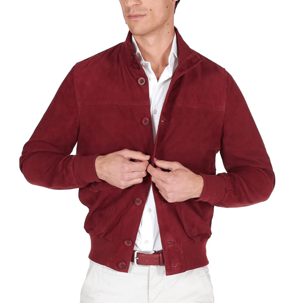 Men's High Neck Red Suede Leather Bomber Jacket
