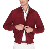 Men's High Neck Red Suede Leather Bomber Jacket