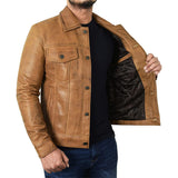 Men's Camel Brown Trucker  Leather Jacket