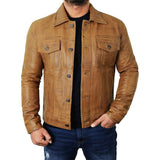 Men's Camel Brown Trucker  Leather Jacket