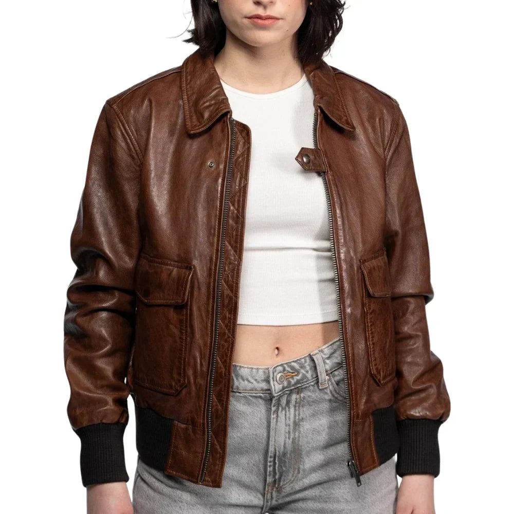 Womens A2 Distressed Aviator Cockpit Brown Bomber Leather Jacket