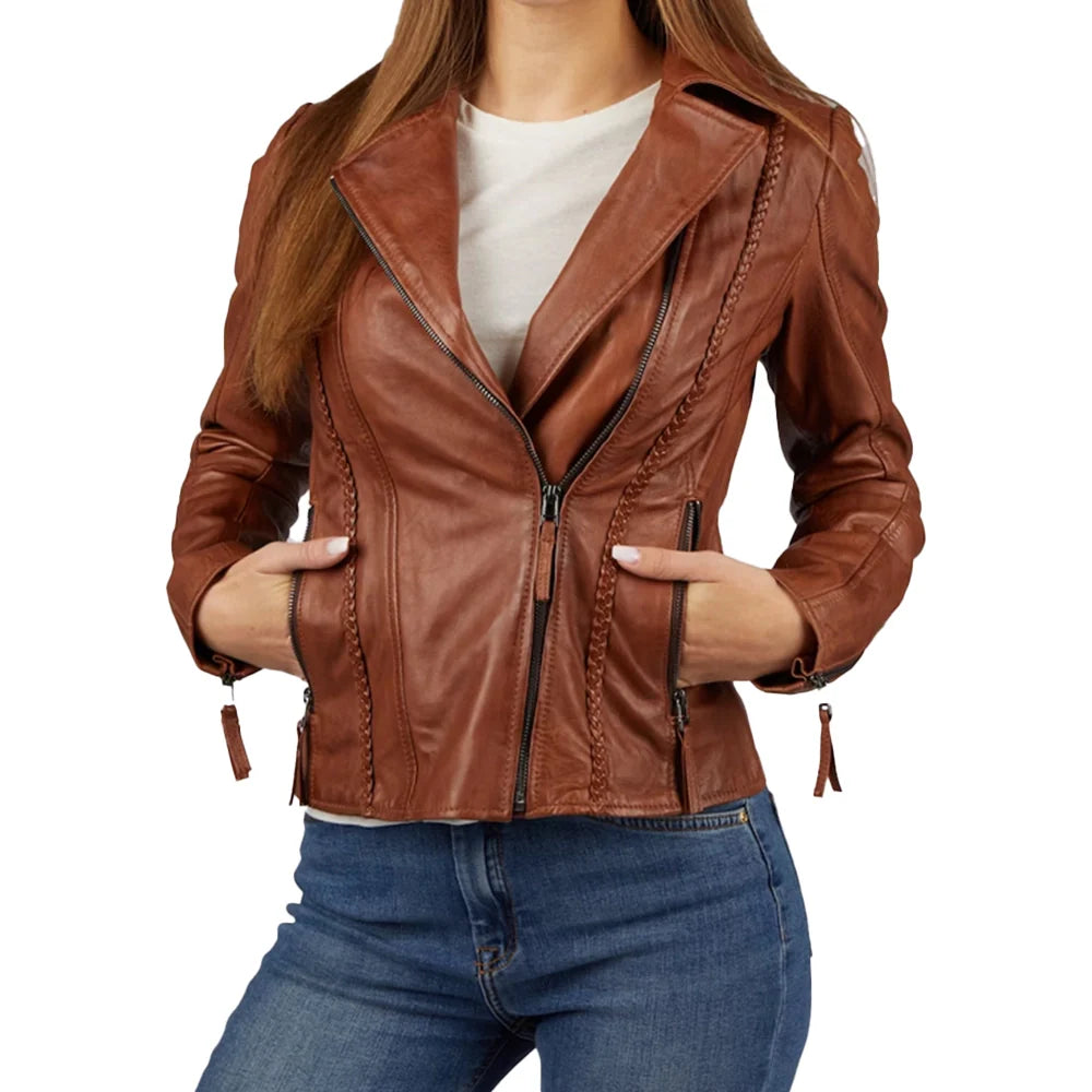 Women's Asymmetrical Cognac Motorcycle Leather Jacket