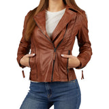 Women's Asymmetrical Cognac Motorcycle Leather Jacket