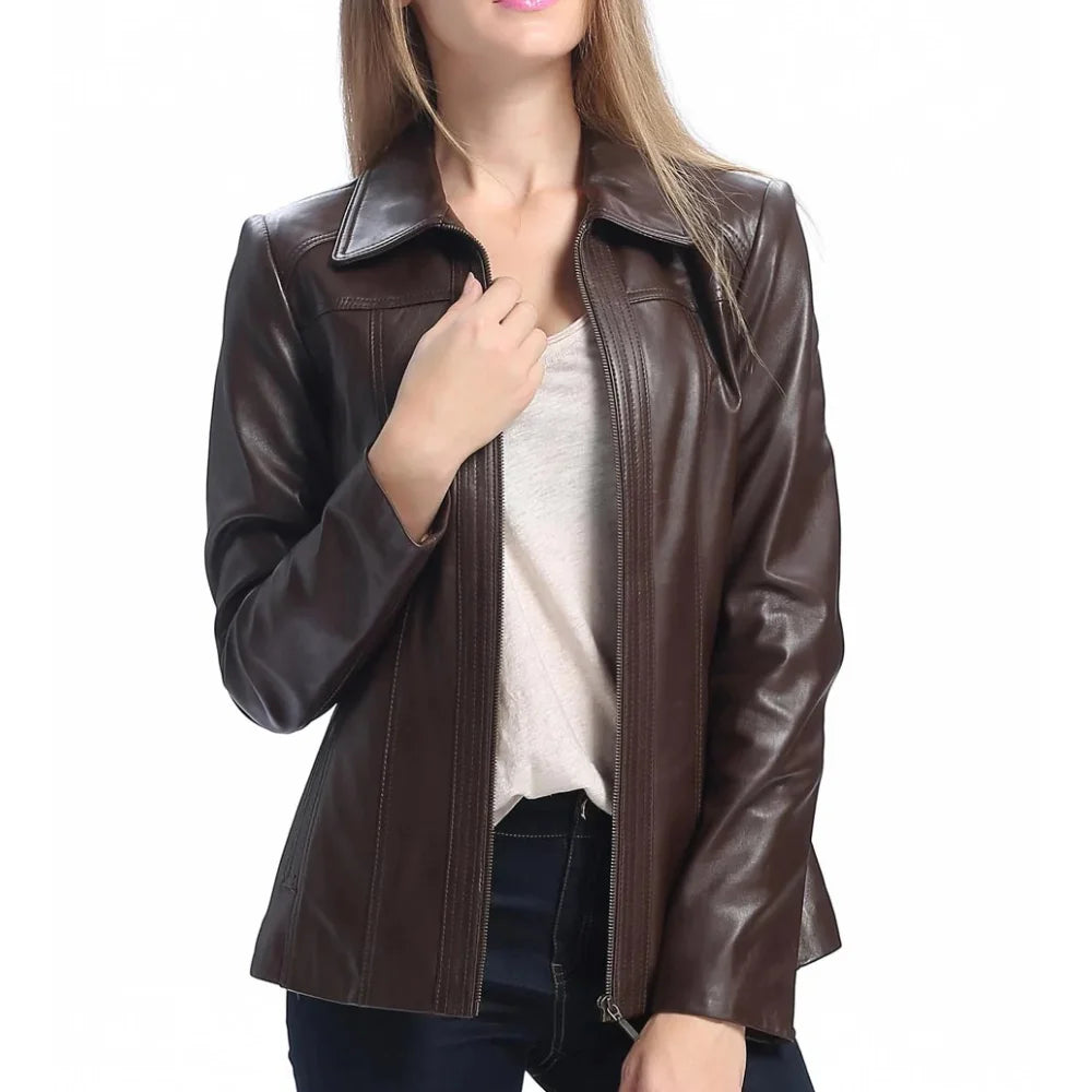 Women's Brown Shirt Collar Zip Up Leather Jacket