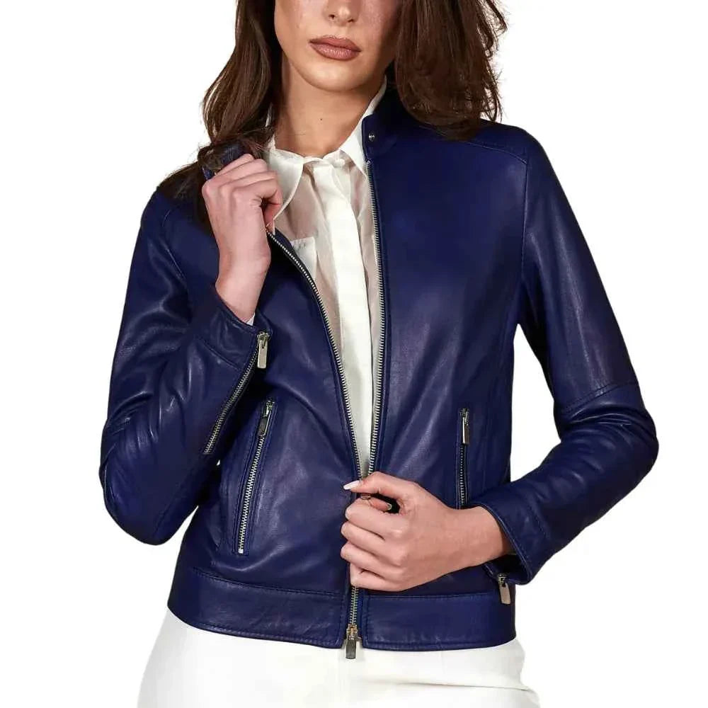 Women’s Blue Lambskin Cafe Racer Leather Jacket