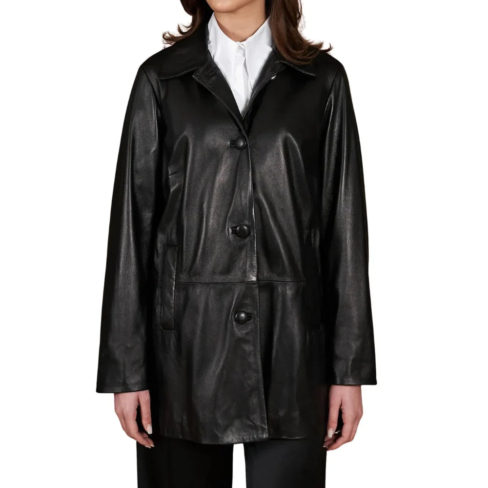 Women’s Black Button-Up Leather Jacket