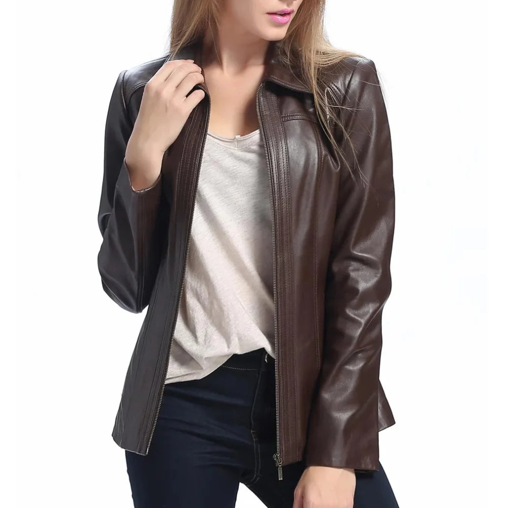 Women's Brown Shirt Collar Zip Up Leather Jacket