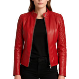 Women's Quilted Red Lambskin Leather Jacket