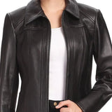 Women's Black Shirt Collar Zip Up Leather Jacket