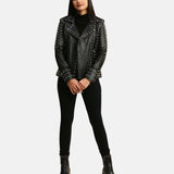 Women’s Studded Motorcycle Black Punk Leather Jacket