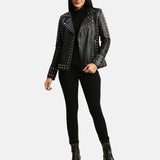 Women’s Studded Motorcycle Black Punk Leather Jacket