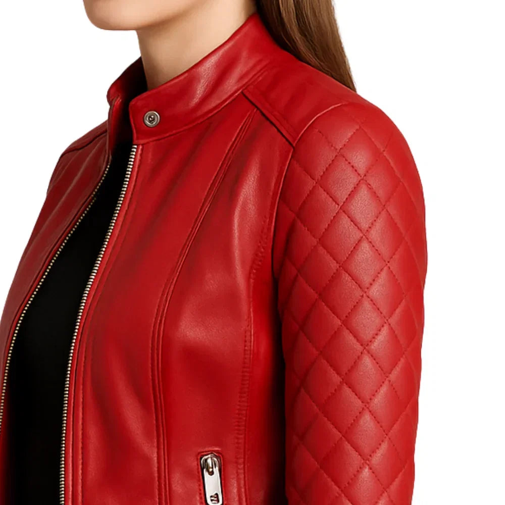 Women's Quilted Red Lambskin Leather Jacket